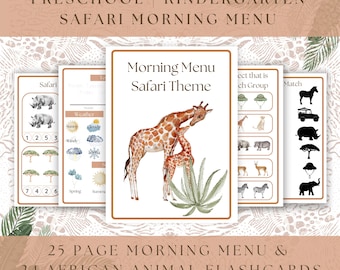 Safari Preschool Morning Menu | African Animal Safari Flashcards | Kindergarten morning menu  | Safari Morning Basket | Homeschool Printable