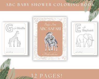 Safari Baby Shower ABC Book | Baby's First ABC Book | Sweet safari themed ABCs baby shower coloring book | Printable baby shower game
