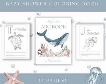 Libro ABC per baby shower sull'oceano / Primo libro ABC per neonati / Libro da colorare ABC per baby shower a tema oceano / Mare nautico / Gioco stampabile per baby shower