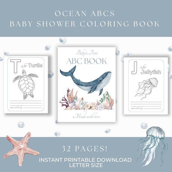 Ocean Baby Shower ABC Book | Baby's First ABC Book | ocean themed ABCs baby shower coloring book | Sea nautical | Printable baby shower game