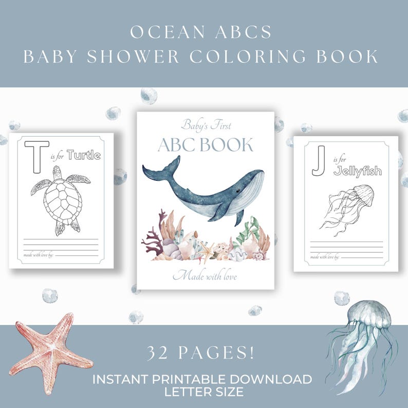 Ocean Baby Shower ABC Book | Baby's First ABC Book | ocean themed ABCs baby shower coloring book | Sea nautical | Printable baby shower game image 1
