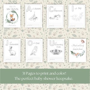Peut inclure: Une collection de pages ABC &agrave; imprimer pour le premier livre de b&eacute;b&eacute;. Chaque page pr&eacute;sente une lettre, un animal ou un objet, et un espace pour colorier. La couverture pr&eacute;sente une illustration de renard. Le texte dit : "Baby's First ABC Book".