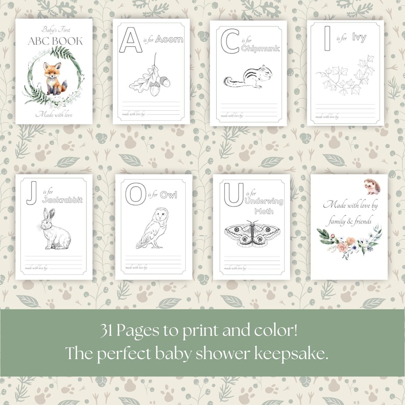 Peut inclure: Une collection de pages ABC &agrave; imprimer pour le premier livre de b&eacute;b&eacute;. Chaque page pr&eacute;sente une lettre, un animal ou un objet, et un espace pour colorier. La couverture pr&eacute;sente une illustration de renard. Le texte dit : "Baby's First ABC Book".