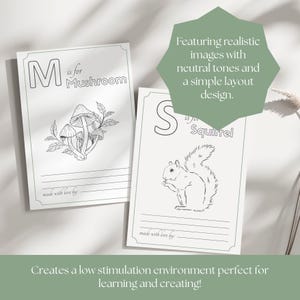 Peut inclure: Deux cartes illustr&eacute;es avec les lettres "M" et "S" et les mots "Mushroom" et "Squirrel". Les cartes ont une conception simple et des tons neutres. Le texte "made with love by:" est au bas de chaque carte.