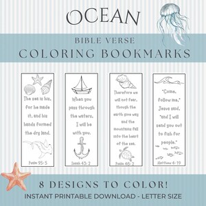 May include: Ocean-themed coloring bookmarks with Bible verses. The design includes illustrations of seashells, a sailboat, an anchor, a turtle, and fish. The text reads "OCEAN BIBLE VERSE COLORING BOOKMARKS" and "8 DESIGNS TO COLOR!"