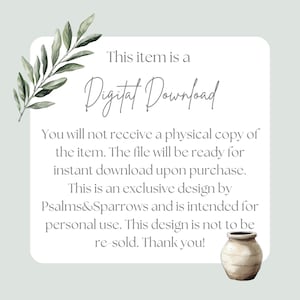 May include: A digital download announcement with text that reads "This item is a Digital Download." The design includes a watercolor illustration of a vase and a sprig of leaves.