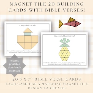 May include: Two cards with Bible verses and magnet tile designs. One card says "Can you build an ark?" and the other says "Can you build a pineapple?" The cards are 5 x 7 inches. The text "MAGNET TILE 2D BUILDING CARDS WITH BIBLE VERSES!" is at the top.