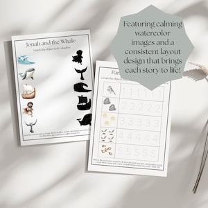 May include: Two white paper sheets with educational illustrations. One sheet features a matching game with watercolor images of a whale, boat, and Jonah. The other sheet has counting exercises with watercolor images.