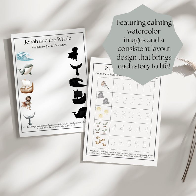 May include: Two white paper sheets with educational illustrations. One sheet features a matching game with watercolor images of a whale, boat, and Jonah. The other sheet has counting exercises with watercolor images.