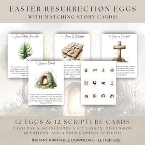 Op de afbeelding: Printbare Paasopstandings eieren met bijpassende verhaalkaarten. De kaarten bevatten aquarel illustraties en bijbelverzen. De set bevat 12 eieren en 12 schriftkaarten. De tekst op de afbeelding luidt: "Direct printbare download - Letterformaat."