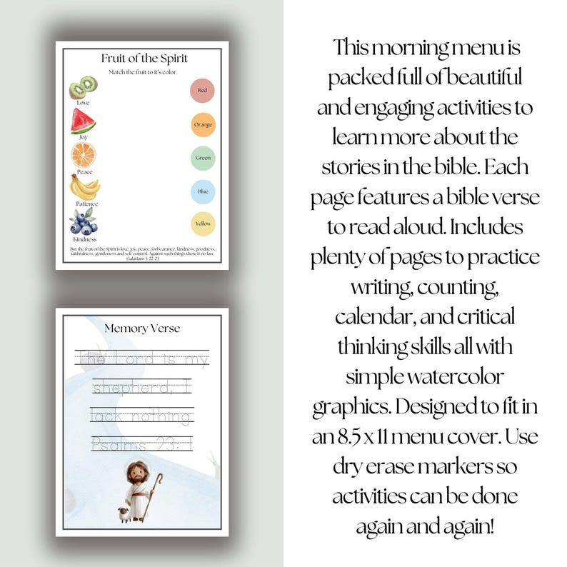 May include: A children's activity set with two pages. One page features a color-matching game with fruits and the text "Fruit of the Spirit." The other page has a "Memory Verse" with the text "The Lord is my shepherd."