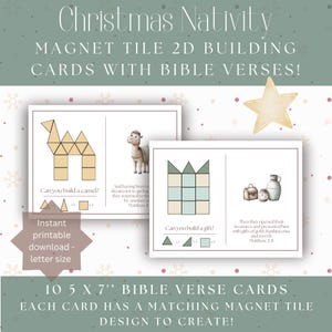 May include: Christmas Nativity magnet tile 2D building cards with Bible verses. The cards feature designs to build a camel and a gift, with accompanying Bible verses. Each card is 12.7 x 17.8 cm and includes a matching magnet tile design.