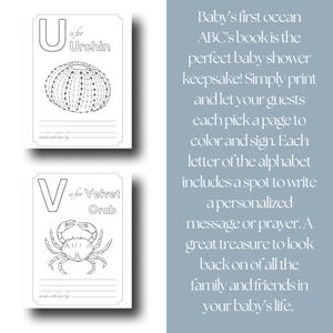 May include: Two printable baby shower activity pages. One page features the letter "U" with an urchin illustration, and the other features the letter "V" with a velvet crab illustration. The text reads "Baby's first ocean ABC's book".