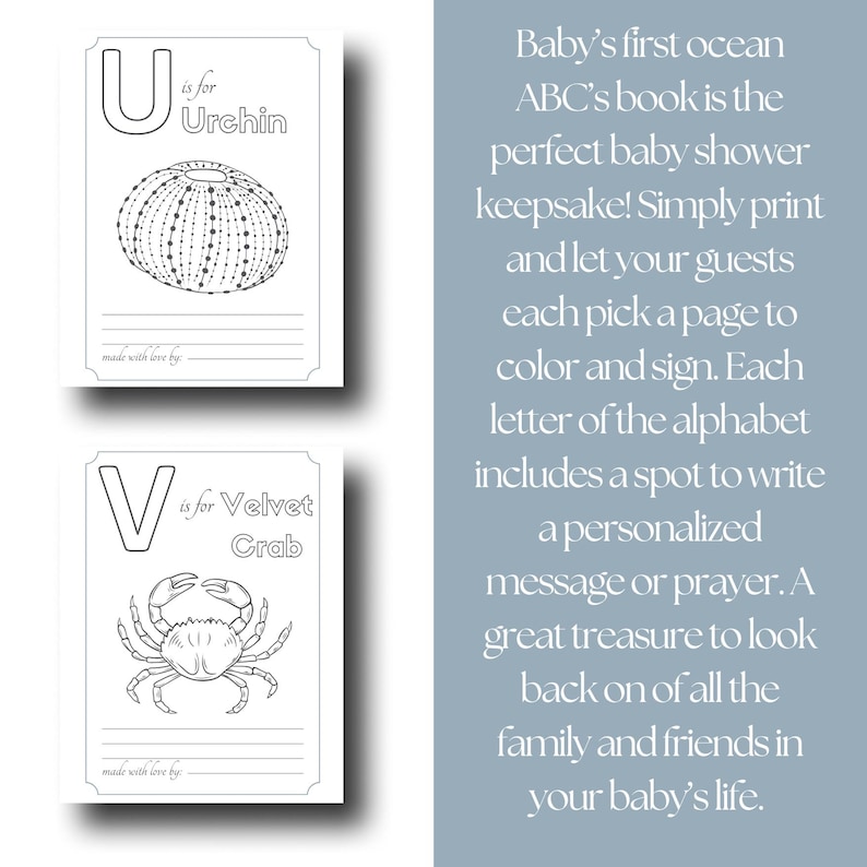 May include: Two printable baby shower activity pages. One page features the letter "U" with an urchin illustration, and the other features the letter "V" with a velvet crab illustration. The text reads "Baby's first ocean ABC's book".