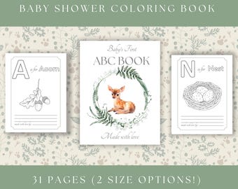 Woodland Baby Shower ABC Book | Baby's First ABC Book | Woodland themed ABCs baby shower coloring book | Forest | Printable baby shower game