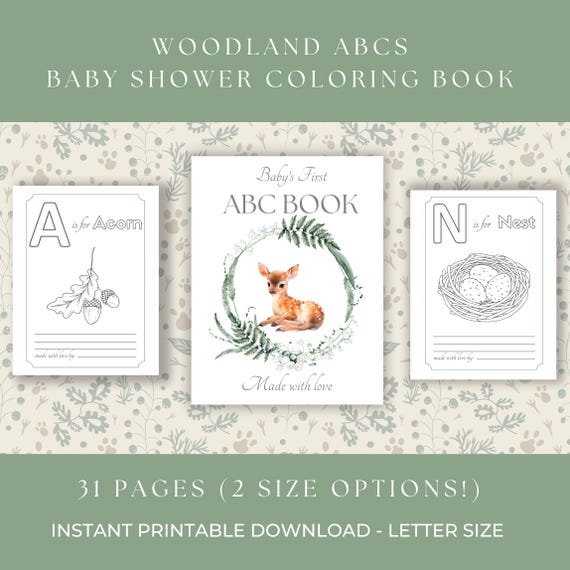 Woodland Baby Shower ABC Book | Baby's First ABC Book | Woodland themed ABCs baby shower coloring book | Forest | Printable baby shower game
