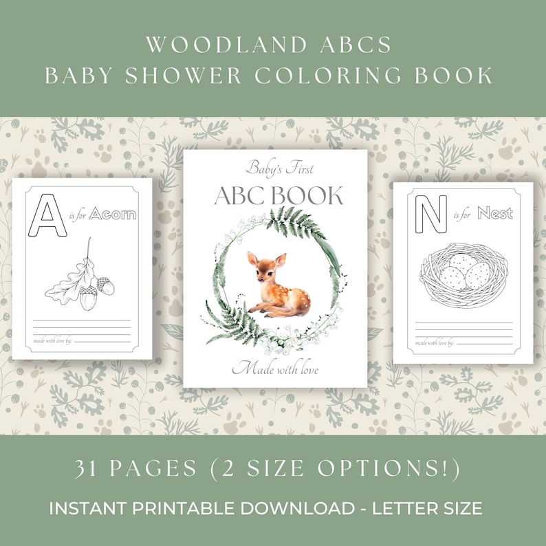Peut inclure: Un livre de coloriage pour une baby shower intitul&eacute; "Woodland ABCs". Il comprend des pages pour "A is for Acorn", "Baby's First ABC Book" et "N is for Nest". La couverture pr&eacute;sente une illustration d'un faon &agrave; l'aquarelle. T&eacute;l&eacute;chargement imprimable instantan&eacute;.