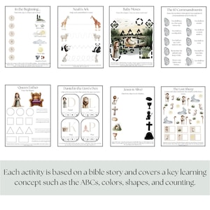 May include: A collection of printable educational activity sheets with bible stories, including Noah's Ark, Baby Moses, and The 10 Commandments. Each sheet features illustrations and activities for learning ABCs, colors, shapes, and counting.