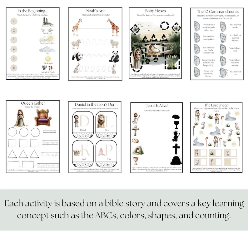 May include: A collection of printable educational activity sheets with bible stories, including Noah's Ark, Baby Moses, and The 10 Commandments. Each sheet features illustrations and activities for learning ABCs, colors, shapes, and counting.