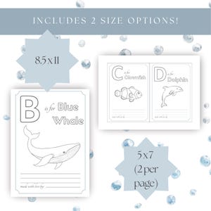 May include: White educational printables featuring sea creatures. Includes a page with a blue whale, a clownfish, and a dolphin. The text includes "B is for Blue Whale", "C is for Clownfish", and "D is for Dolphin". Includes 8.5x11 and 5x7 size options.