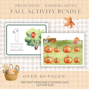 May include: Watercolor fall activity bundle for preschool and kindergarten. Includes printable pages with pumpkins, apples, and the number one. The text reads "Fall Activity Bundle" and "Over 40 Pages!"