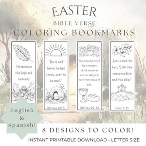 Easter Bible Verse Coloring Bookmarks For Kids English AND Spanish | Printable Scripture Bookmark | Christian Easter Activity to Color