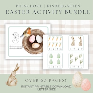 Könnte beinhalten: Oster-Aktivitäts-Bundle für Vorschule und Kindergarten. Enthält bedruckbare Seiten mit Illustrationen von Eiern, Karotten und Hasen. Der Text lautet "Easter Activity Bundle", "Over 60 Pages!" und "Instant Printable Download Letter Size".
