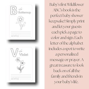 May include: Two white cards with floral illustrations and text. One card says "B is for Buttercup" and the other says "V is for Violet." The text on the right says "Baby's first Wildflower ABC's book is the perfect baby shower keepsake!"