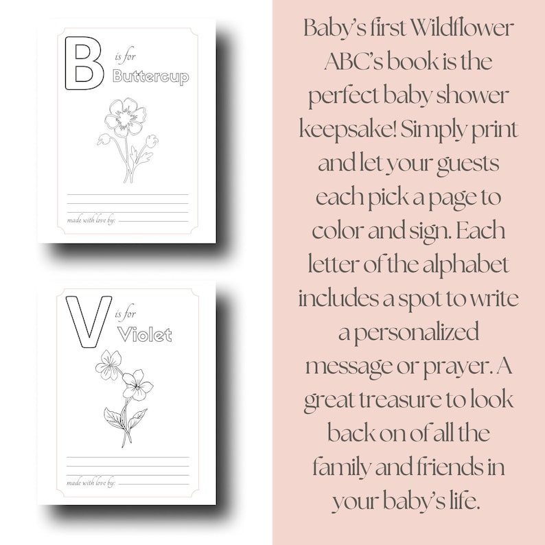 May include: Two white cards with floral illustrations and text. One card says "B is for Buttercup" and the other says "V is for Violet." The text on the right says "Baby's first Wildflower ABC's book is the perfect baby shower keepsake!"