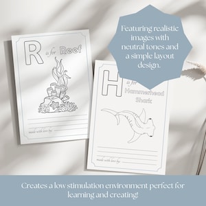 May include: Two illustrated flashcards with the letters "R" and "H" and the words "Reef" and "Hammerhead Shark". The cards have a simple layout and neutral tones. The text "made with love by:" is at the bottom.