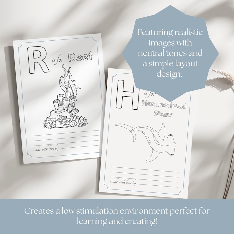 May include: Two illustrated flashcards with the letters "R" and "H" and the words "Reef" and "Hammerhead Shark". The cards have a simple layout and neutral tones. The text "made with love by:" is at the bottom.