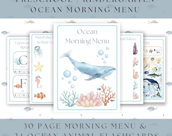 Summer Ocean Preschool Morning Menu | Ocean Animal Flashcards |  Kindergarten Ocean Morning Basket | Ocean Homeschool Printable
