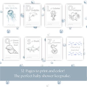 May include: A set of printable baby shower ABC flashcards featuring sea creatures like a jellyfish, dolphin, lobster, and octopus. Each card has a letter and a corresponding illustration for coloring. The text reads "Baby's First ABC Book".