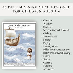 May include: A children's activity page with the title "Jesus Walks on Water" featuring a drawing of a boat and Jesus. The page includes tracing exercises and the text "83 PAGE MORNING MENU DESIGNED FOR CHILDREN AGES 3-6".