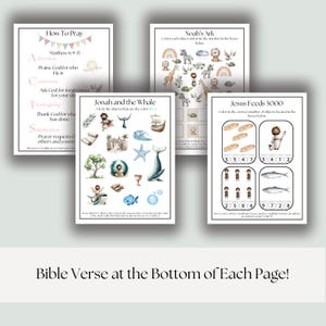 May include: A collection of educational printables with Bible-themed illustrations. The pages include activities about prayer, Noah's Ark, Jonah and the Whale, and Jesus feeding 5000. Each page has a title and instructions.