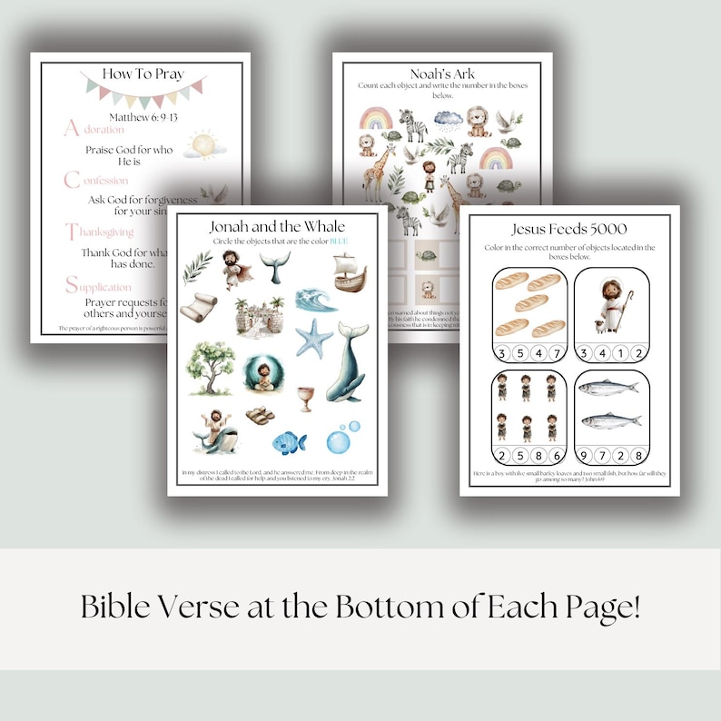 May include: A collection of educational printables with Bible-themed illustrations. The pages include activities about prayer, Noah's Ark, Jonah and the Whale, and Jesus feeding 5000. Each page has a title and instructions.