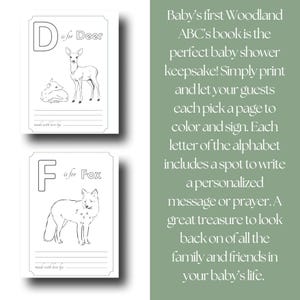 Peut inclure: Deux pages imprimables d'un livre ABC sur le th&egrave;me de la for&ecirc;t pour b&eacute;b&eacute;. Une page pr&eacute;sente un cerf avec la lettre "D", et l'autre un renard avec la lettre "F". Chaque page a un espace pour &eacute;crire un message.