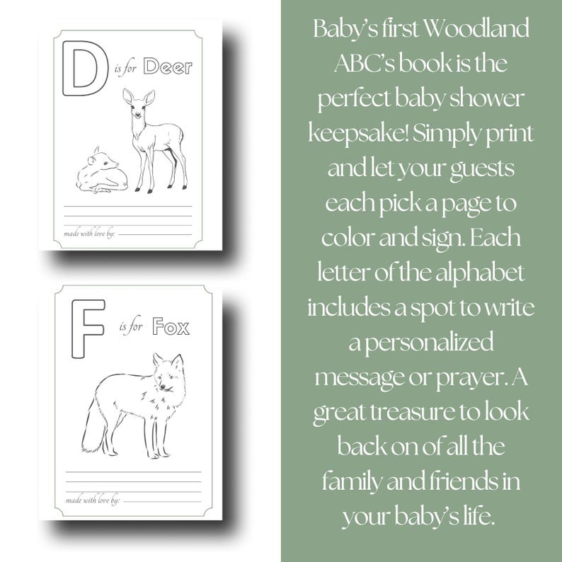 Peut inclure: Deux pages imprimables d'un livre ABC sur le th&egrave;me de la for&ecirc;t pour b&eacute;b&eacute;. Une page pr&eacute;sente un cerf avec la lettre "D", et l'autre un renard avec la lettre "F". Chaque page a un espace pour &eacute;crire un message.