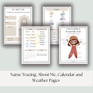 May include: A collection of printable pages for children, including an "All About Me" sheet, a calendar, and a weather chart. The pages feature a neutral color palette and include the text "I Am Fearfully & Wonderfully Made."