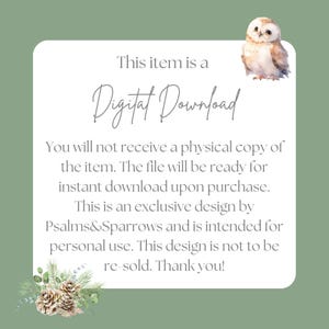 Peut inclure: Annonce de t&eacute;l&eacute;chargement num&eacute;rique sur fond blanc avec illustration de hibou &agrave; l'aquarelle. Le texte indique "This item is a Digital Download". Un texte suppl&eacute;mentaire explique la nature num&eacute;rique du produit et son utilisation pr&eacute;vue.