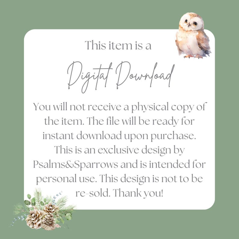 Peut inclure: Annonce de t&eacute;l&eacute;chargement num&eacute;rique sur fond blanc avec illustration de hibou &agrave; l'aquarelle. Le texte indique "This item is a Digital Download". Un texte suppl&eacute;mentaire explique la nature num&eacute;rique du produit et son utilisation pr&eacute;vue.