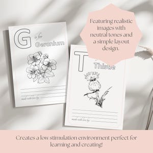 May include: Two botanical-themed art prints. One features a geranium illustration with the letter "G" and the text "G is for Geranium." The other shows a thistle with the letter "T" and the text "T is for Thistle." Both have the text "made with love by:" at the bottom.