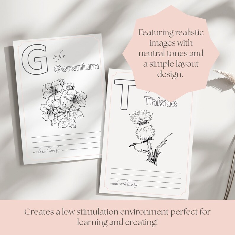 May include: Two botanical-themed art prints. One features a geranium illustration with the letter "G" and the text "G is for Geranium." The other shows a thistle with the letter "T" and the text "T is for Thistle." Both have the text "made with love by:" at the bottom.