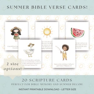 May include: Summer Bible verse cards with watercolor illustrations. The cards feature images of a girl with watermelon, a sun, a goose, a boy fishing, and a watermelon slice. The text reads "20 Scripture Cards".