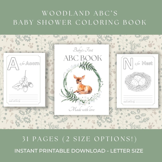Woodland Baby Shower ABC Book | Baby's First ABC Book | Woodland themed ABCs baby shower coloring book | Forest | Printable baby shower game