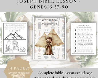 May include: A printable Bible lesson set for Genesis 37-50, featuring a colorful coat theme. Includes activity pages, discussion questions, and crafts. The set contains 14 pages and is available for instant download.