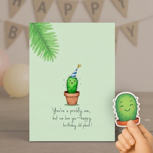 Carte d'anniversaire cactus amusante imprimable - Cadeau pour amoureux des plantes | Pliée/double face | 5 x 7 et 4 x 6 | +Lot d'autocollants mignons | Modèle de toile modifiable