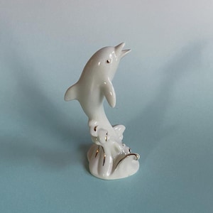 Estatueta de porcelana Lenox Dolphin Vintage Miniatura Acabamento dourado
