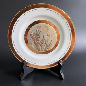 Art of Chokin Gilded Plate Butterflies and Lilies Etched Copper Silver Gold Collectible Plate