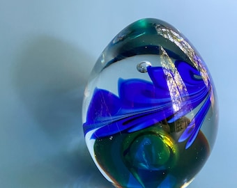 Vintage Paperweight Glass Blue Swirls Office Decor